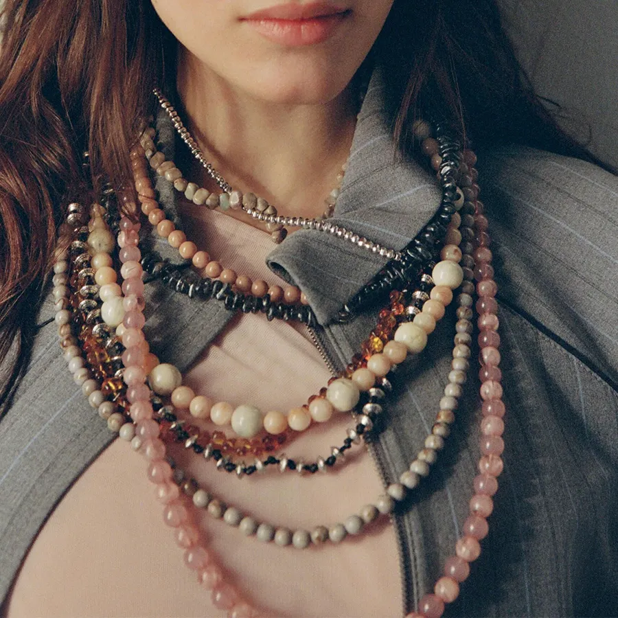 Authentic Colorful Natural Stacked Garnet Beads Chain Necklace Red Blue Stone Exaggerated Creative Multi-Layered Baroque Gravel Necklace