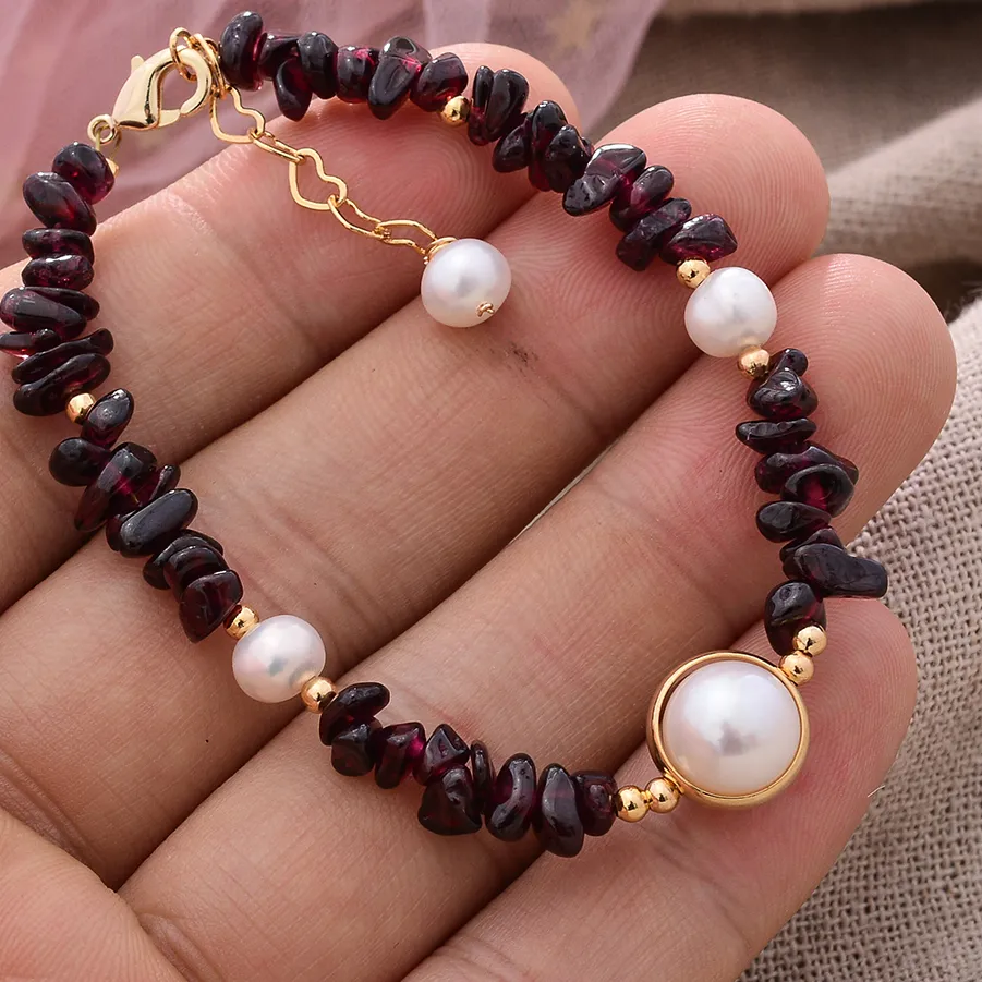 Original Handmade 14K Gold Filled Natural Freshwater Pearl Garnet Stone Ladies Bracelet Promotion Jewelry Women Year