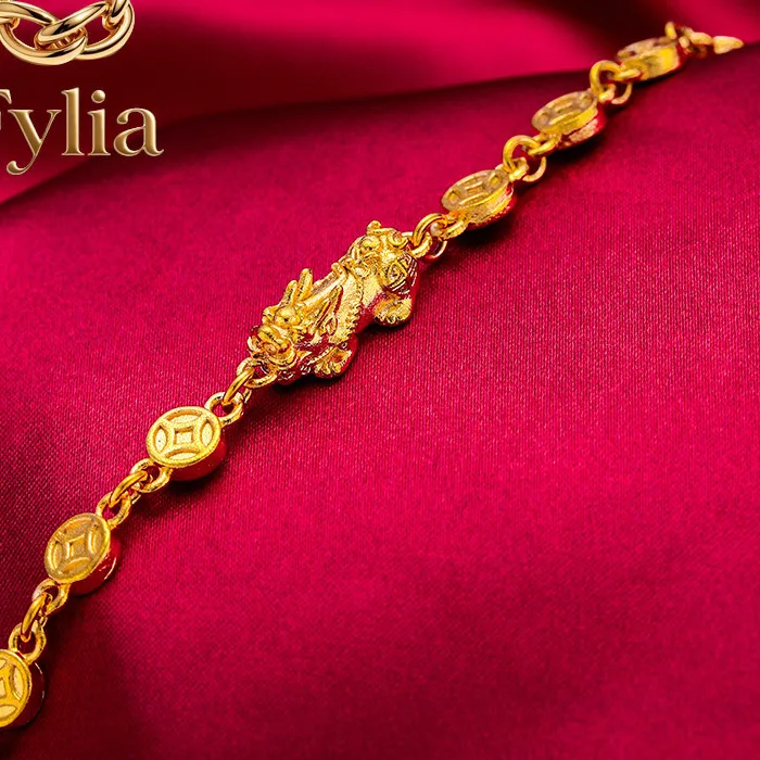 Authentic Fylia Jewelry   Pixiu Bracelet for Women, 24K Gold, AU999 | Matte  pixiu with garnet beads, rugged vintage style for casual