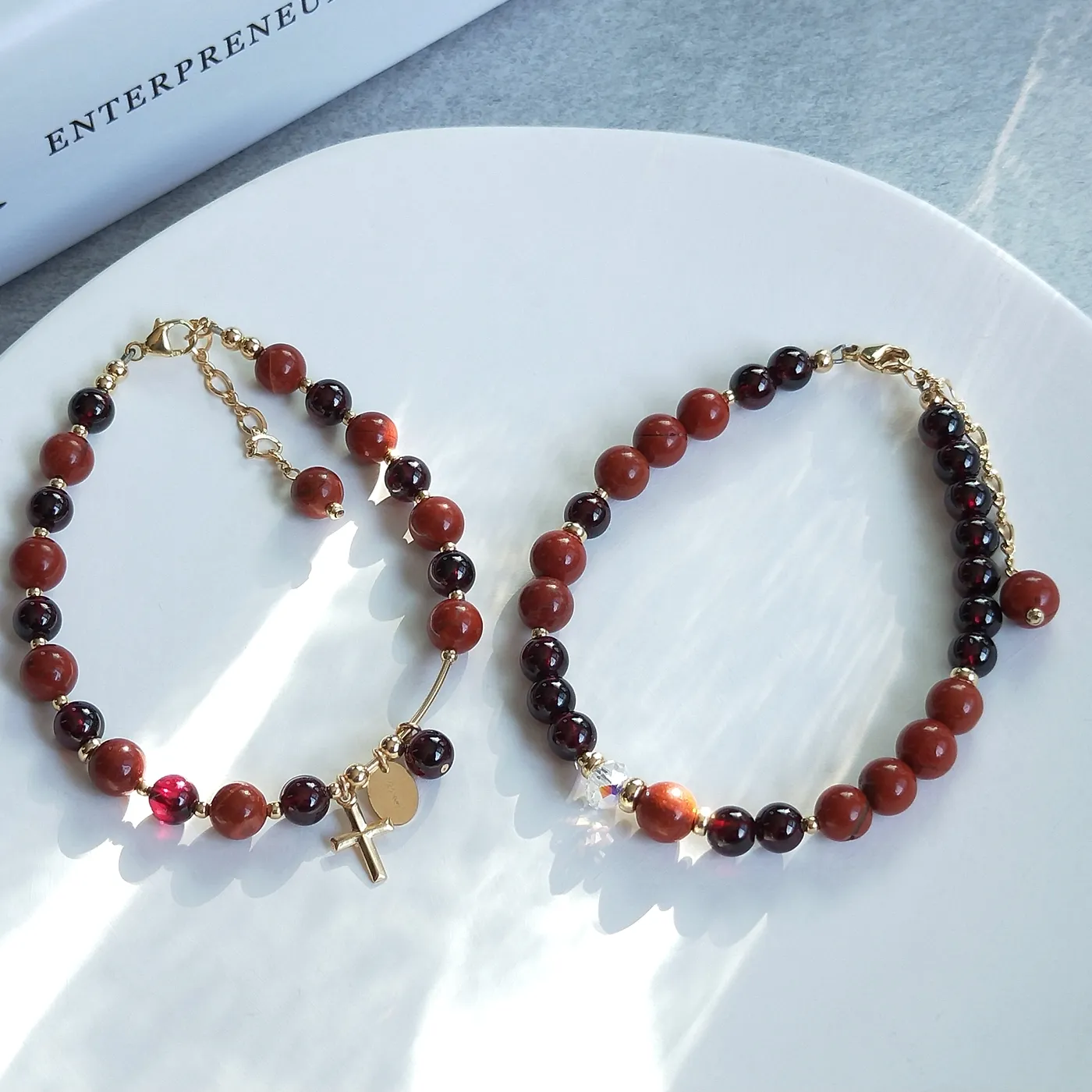 Lii Ji Garnet Red Jasper 14K Gold Filled Charms Bracelet Natural Stone 5-6mm Gold Jewelry For Women Girls