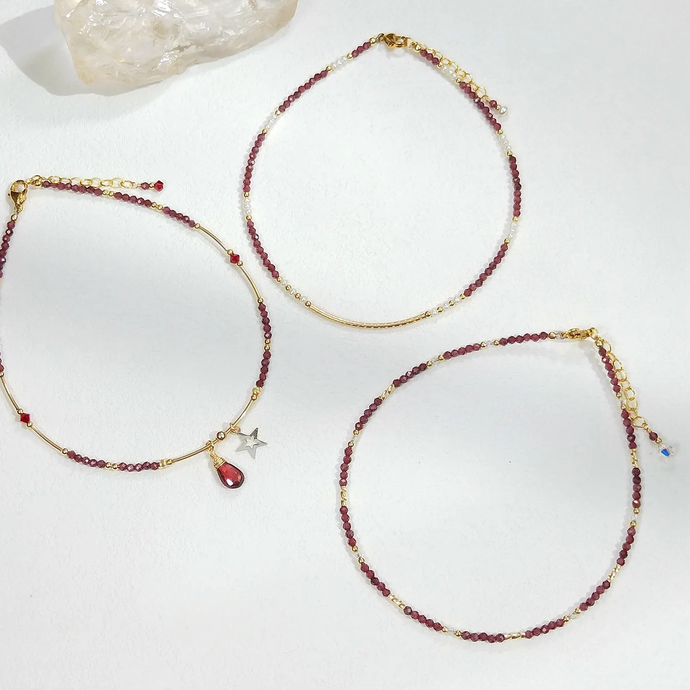 Lii Ji Real Stone Natural Garnet 2mm American 14K Gold Filled Charm Anklet 24+3cm