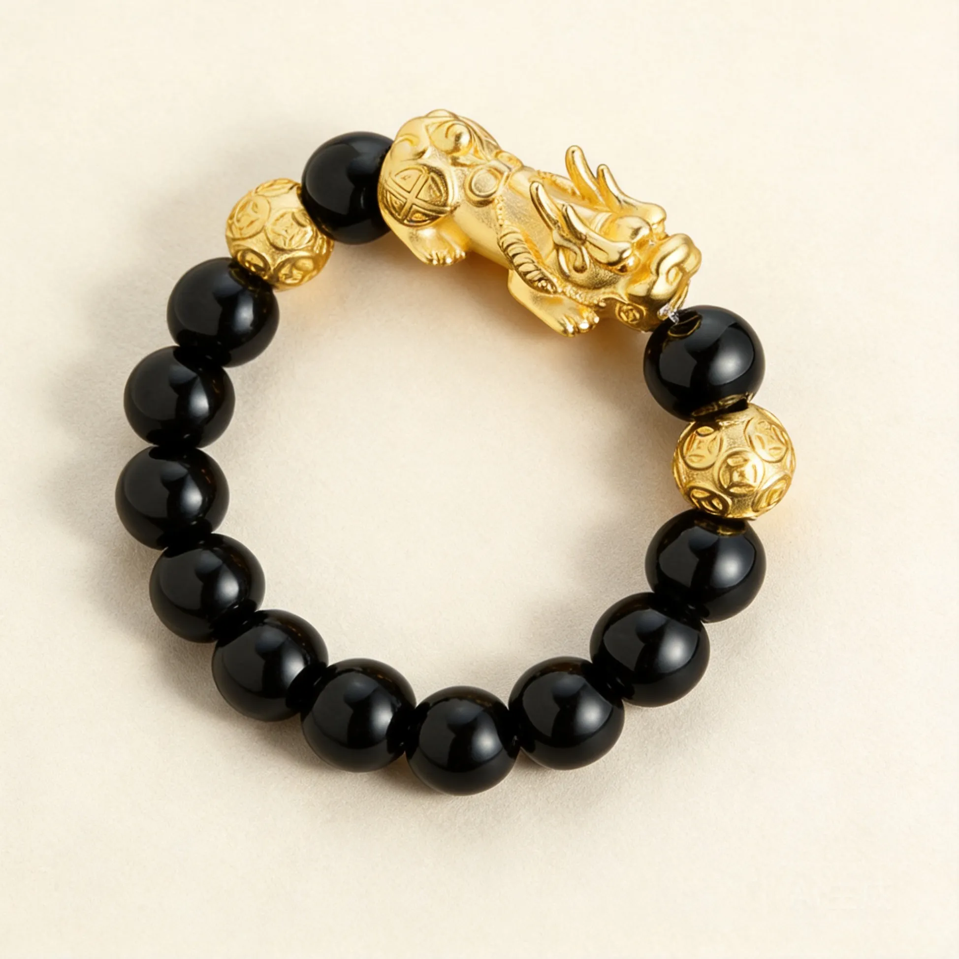Authentic Chinese Style Lucky Wealth Pixiu Bracelet For Men Women Blessing Gold Plated Copper Alloy Onyx Agate Garnet Glass Beaded Jewelry