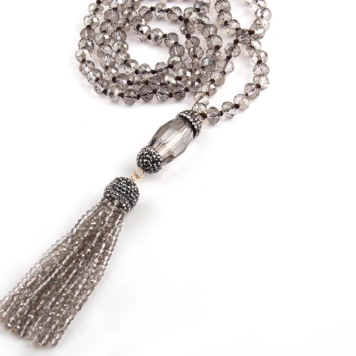 Authentic Bohemian Jewelry 8mm Grey Crystal Glass Knotted Handmake Paved Crystal Tubes Tassel Long Necklace Women