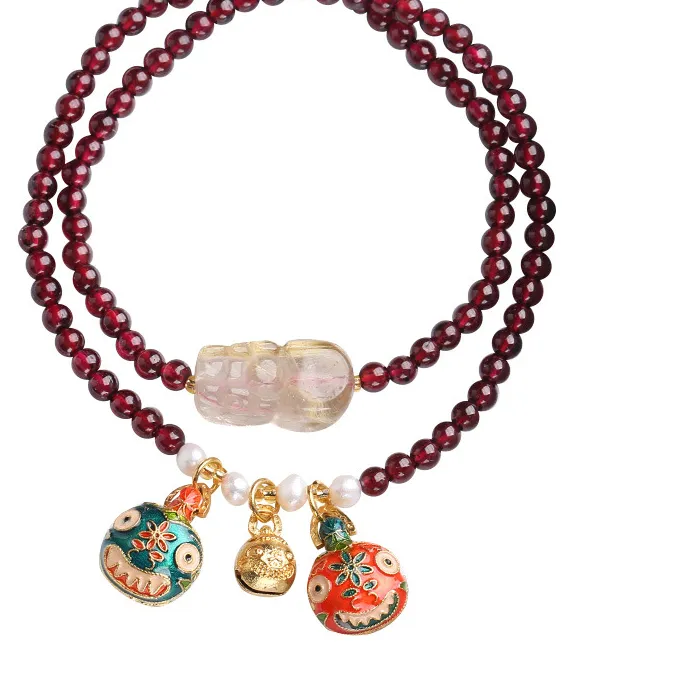 Authentic Natural Purple Garnet Bracelet with Rutilated Quartz Pixiu and Gold Swallowing Beast Charm Lucky Jewelry for Women Gifts