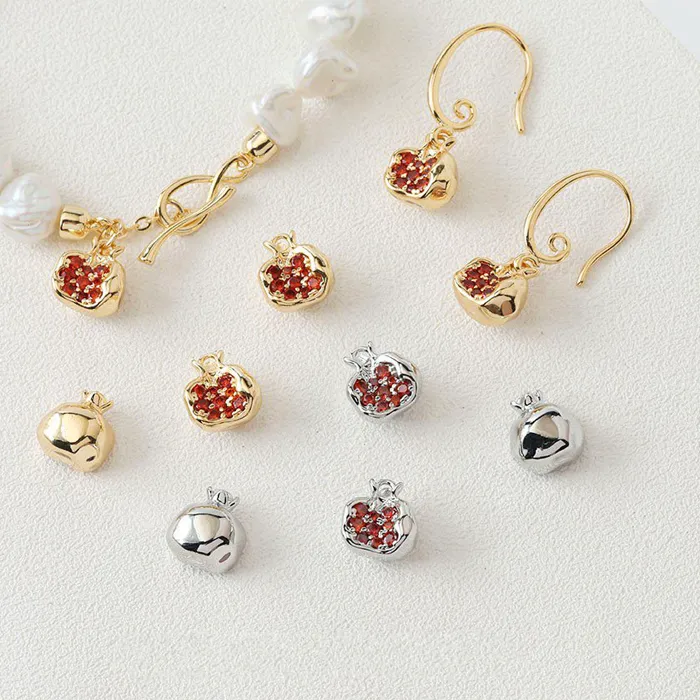 14K Gold Plated Red Pomegranate Charms Fruit Garnet Pendant For Woman Zircon Earrings Necklaces Jewelry Accessories