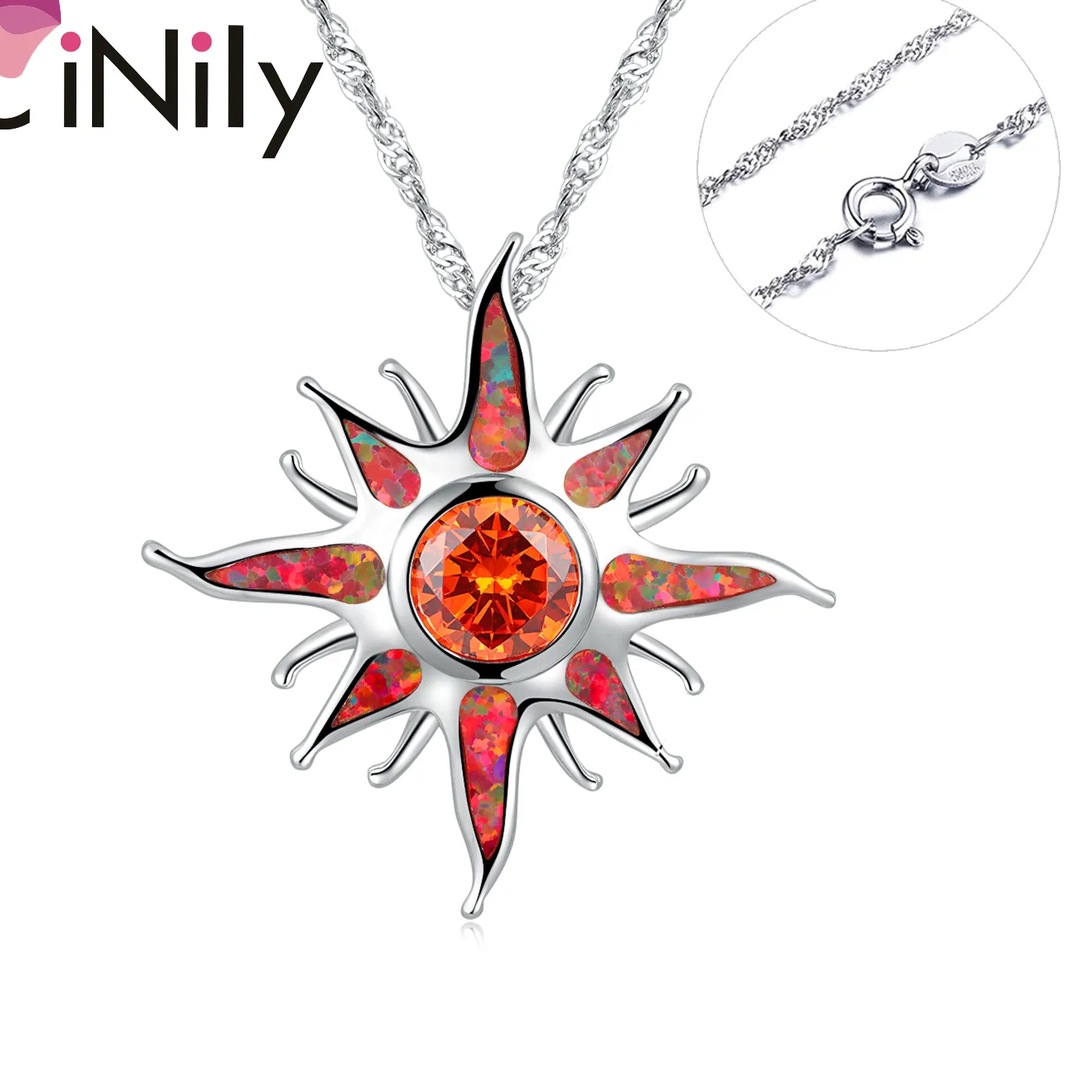 Authentic CiNily Starburst Fire Opal Stone Large Dangle Pendant Silver Plated Solar Orange Garnet Sun Charm Luxury Jewelry (With Necklace)