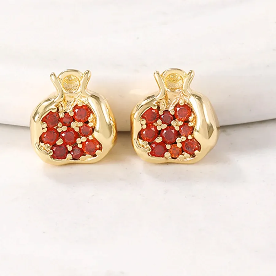 2Pcs 14K Real Gold Plated Red Garnet Zircon Fruit Pomegranate Charms Pendants for DIY Earrings Necklace Jewelry Making