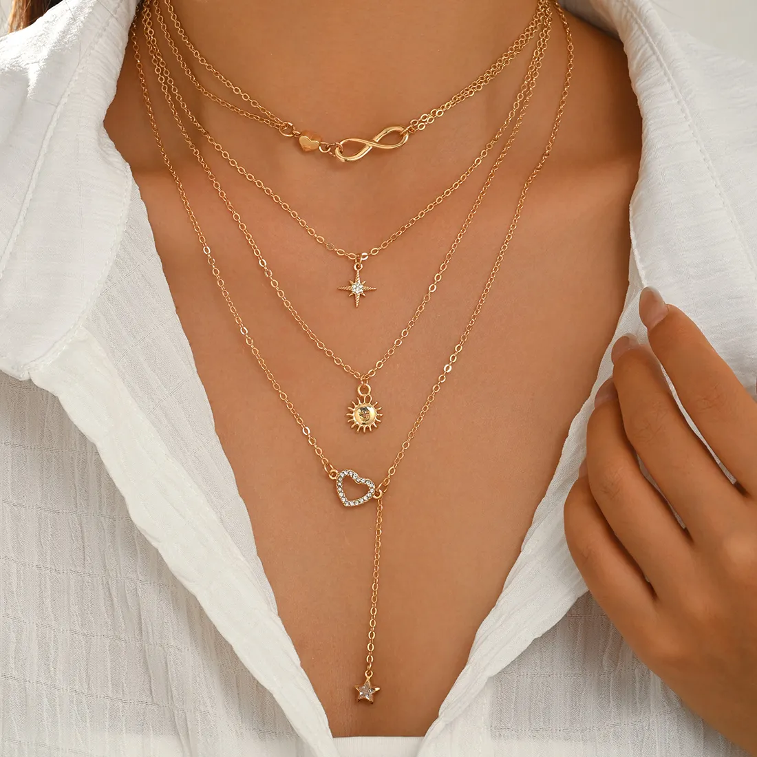 Authentic Gold Layered Y Shape Necklace Infinity Symbol Star Sun Heart Rhinestone Adjustable Casual Neck Ornament