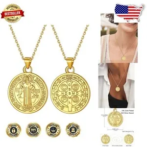 Authentic 925 Silver St Benedict Medal Necklace 18K Gold Plated Lucky Amulet