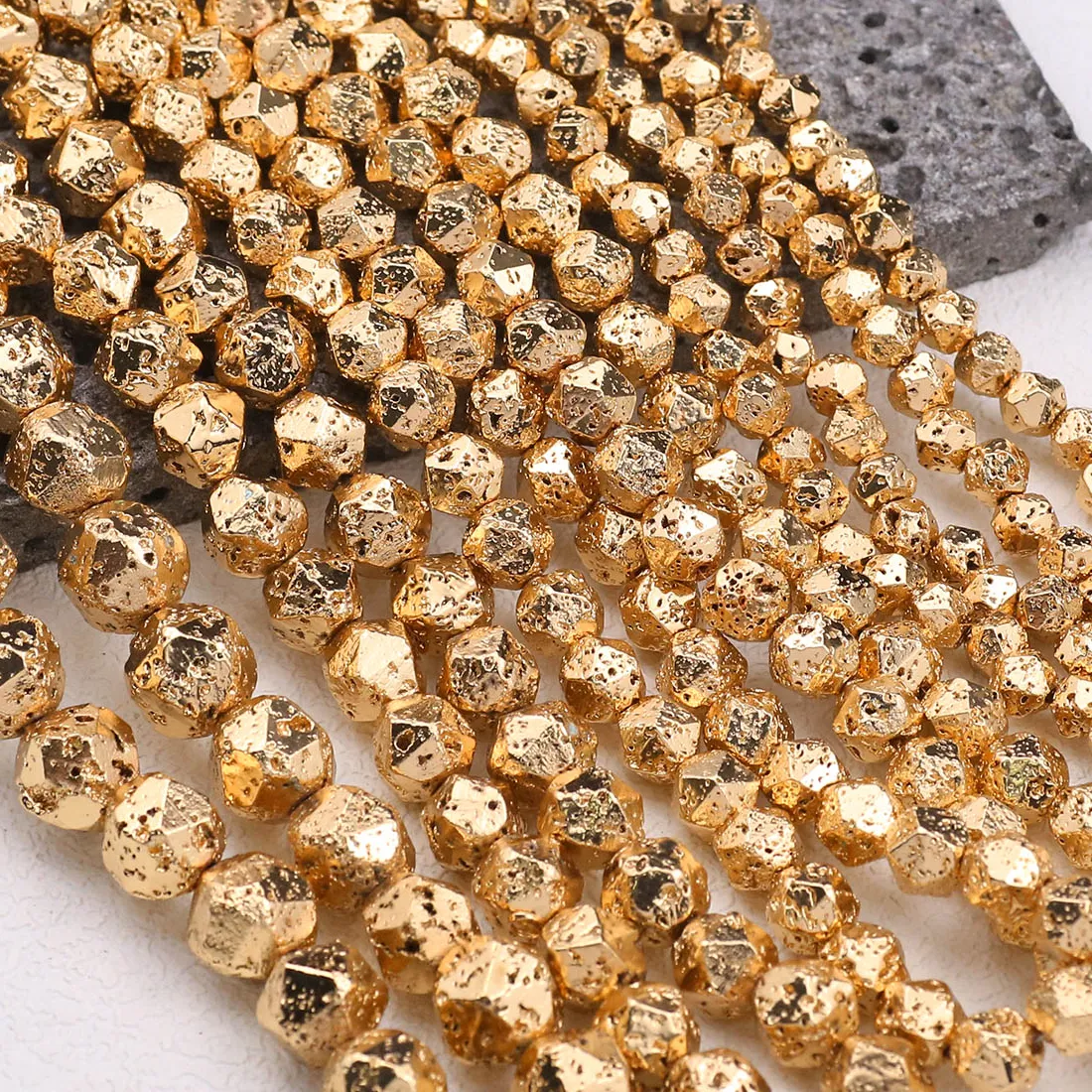 6 8 10 12mm Volcanic Rock Stone Plated Rose Gold Silver Color Metallic Spacer Loose Beads for Jewelry Making Bracelet DIY 15inch