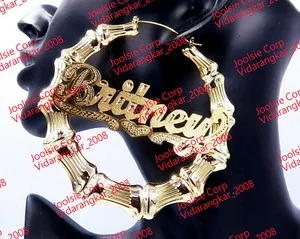 Authentic PERSONALIZED 14K GOLD PLATED 4:00" JUMBO BAMBOO NAME EARRINGS / DOOR KNOCKERS