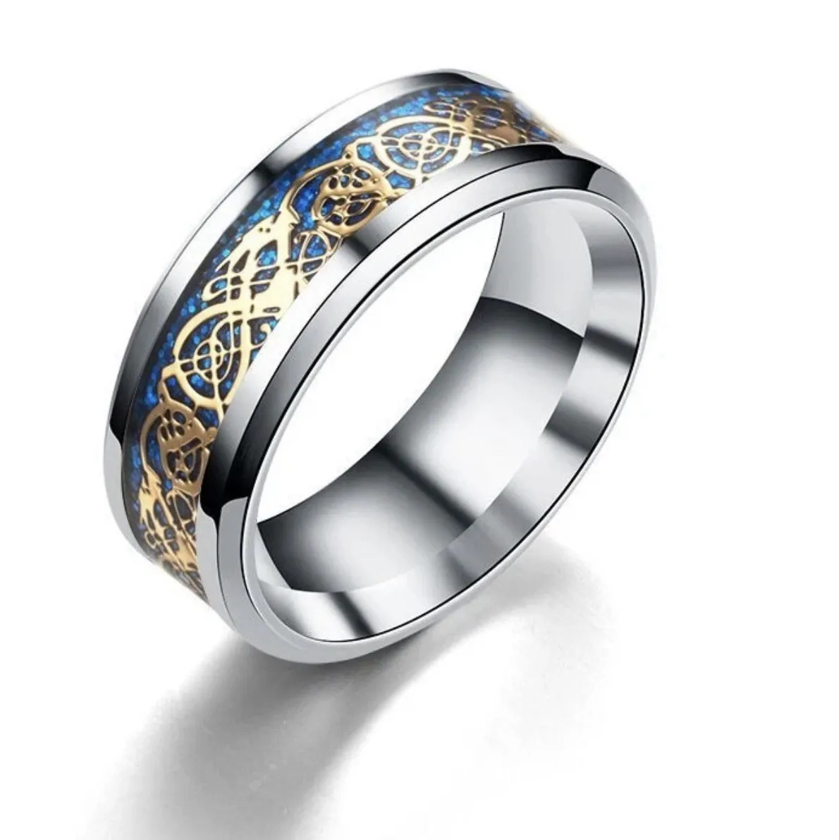 Authentic Celtic Dragon Eternity Ring – Gold‑Plated 8mm Band of Triple‑Hue Protection