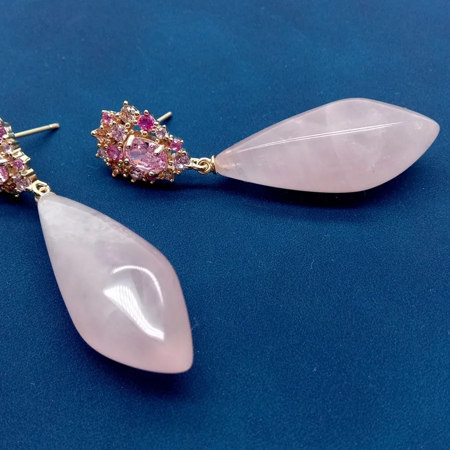 Authentic Natural Rose Quartz Gold Plated Stud Dangle Stones Cz Stud Earrings Jewelry