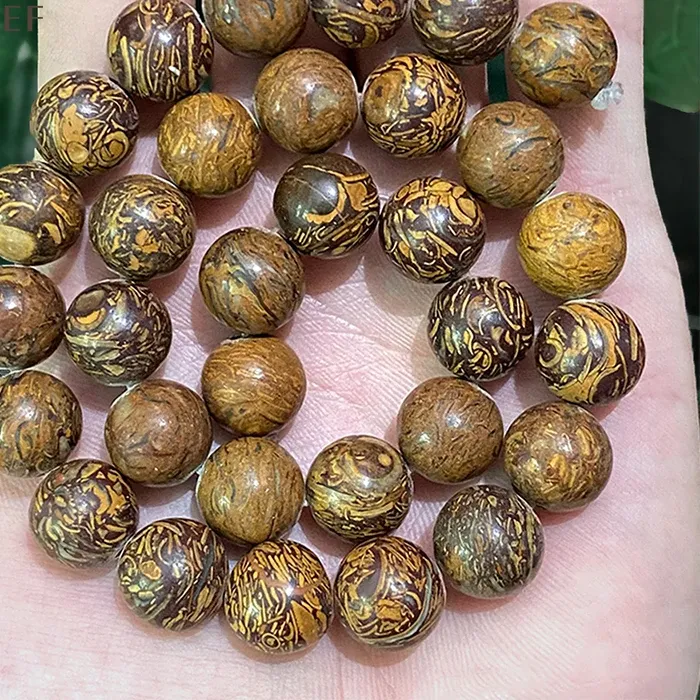 Authentic 4/6/8/10/12mm Gold Silk Wood Round Beads Natural Stone DIY Bracelet Necklace Charm Beads for Jewelry Making 15" Strand