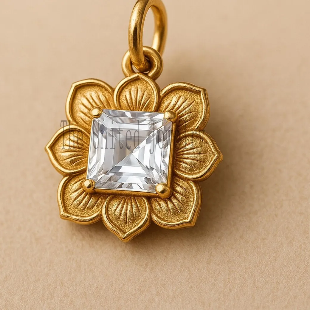 Authentic Radiant Lotus Blossom of Unfolding Light Princess Cut Moissanite Amulet in Gold Plated Sterling Silver