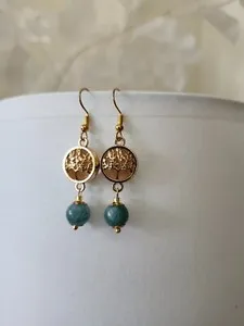 Authentic Pink Blue Tree Of Life Gold Plated Aquamarine Healing Crystal Stone Earrings 