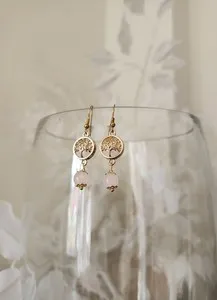 Authentic Gold Plated Tree Of Life Rose Quartz Earrings Handmade Healing Crystal