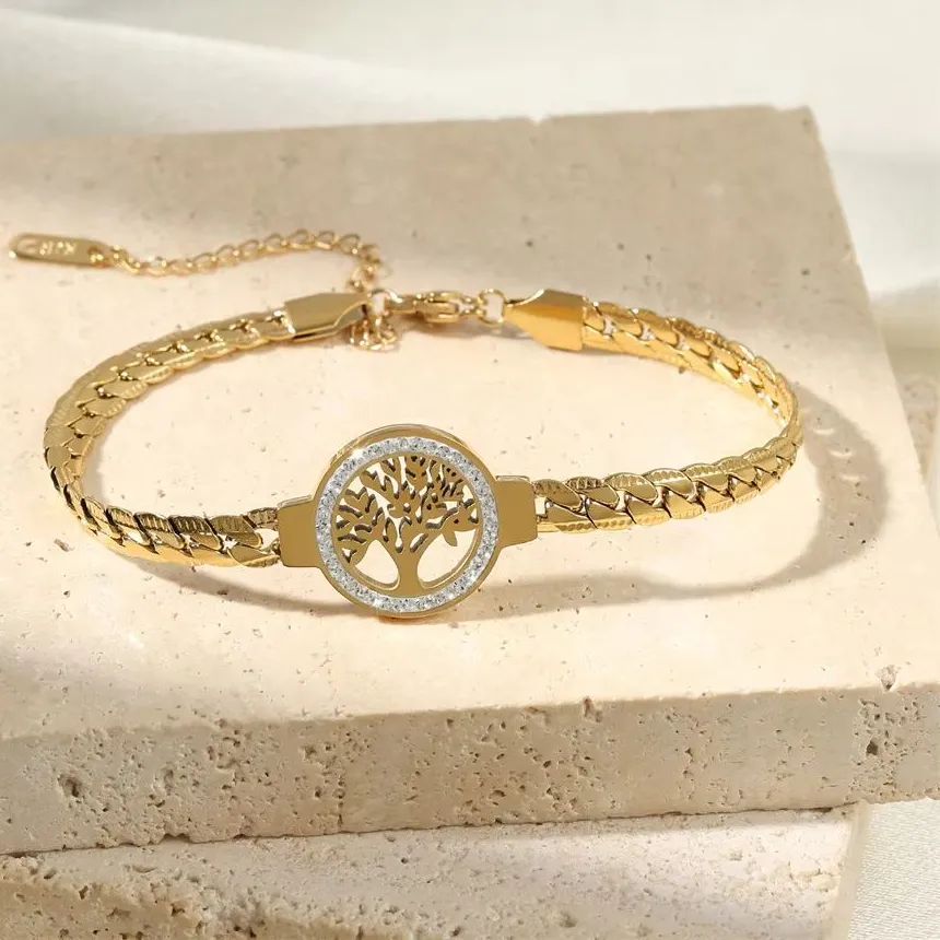 Authentic Gold Plated Tree of Life Bracelet Stainless Steel Waterproof Wrist Chain Jewelry Gift for Women