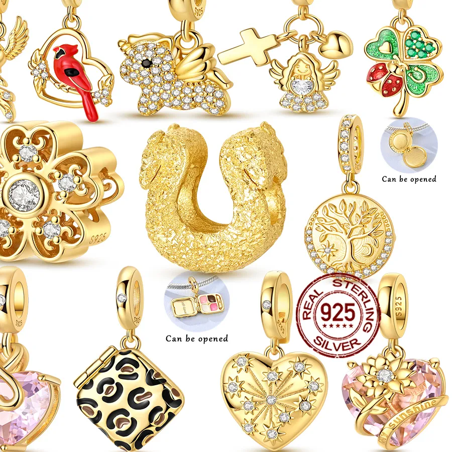 Authentic Original 925 Silver Gold Charms Beads Fit Bracelet DIY Heart Clover Life Tree Pendant For Woman Jewelry