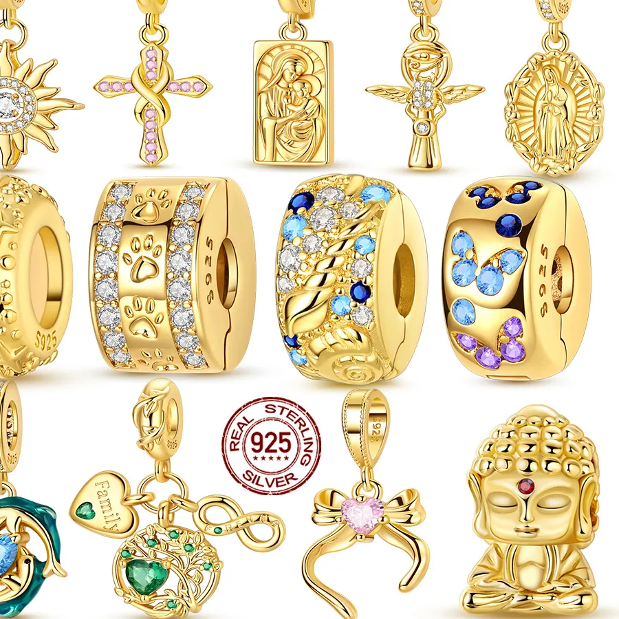 Authentic Original 925 Silver Gold Charms Beads Fit Bracelet DIY Life Tree Knot Sun Pendant For Woman Jewelry