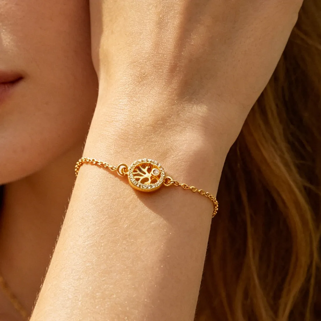 Authentic Zircon Tree Of Life Bracelet For Women Luxury Crystal Round Stone Gold Plated Opening Bracelets Luxury Wrist Jewelry