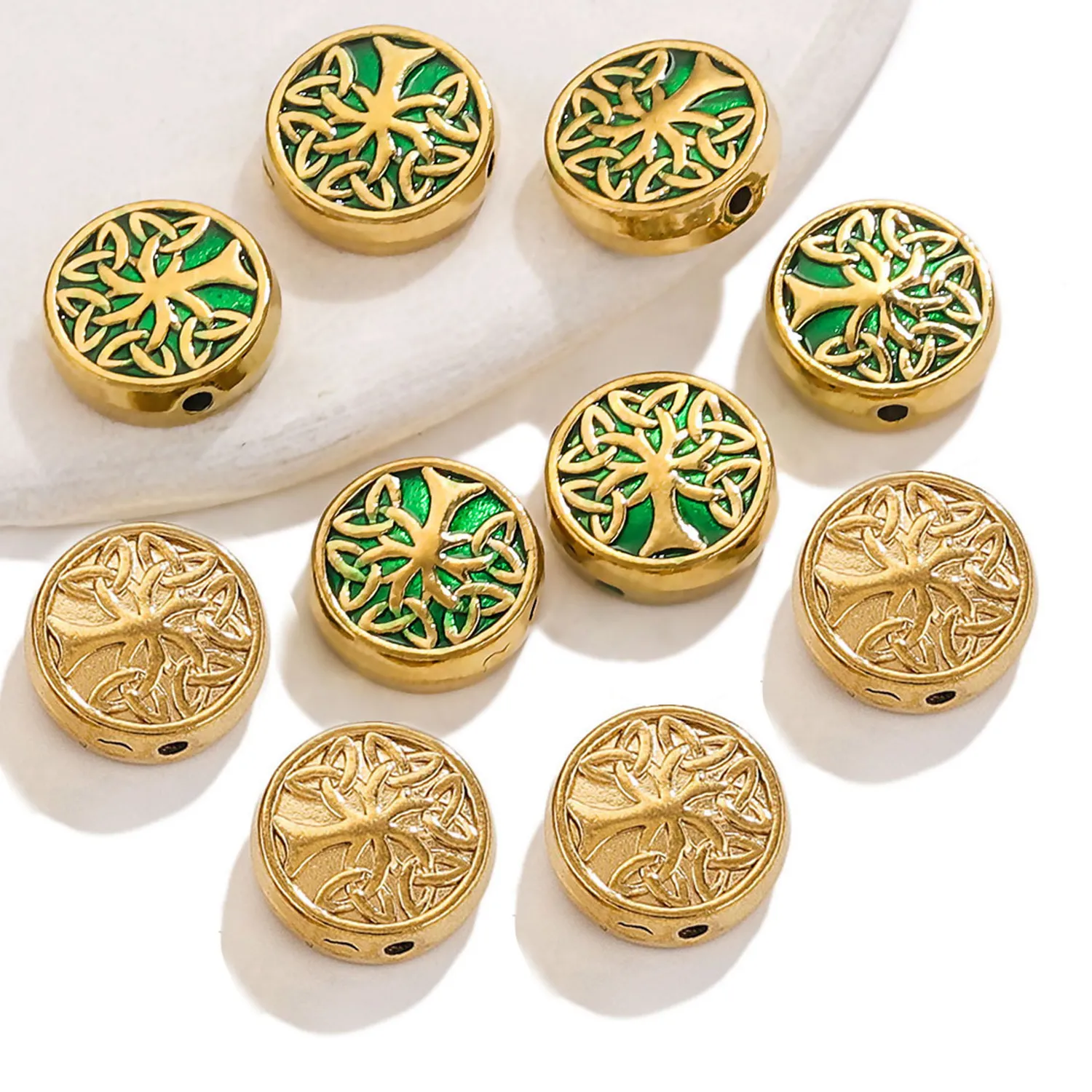 Authentic 1PC Flat Round 304 Stainless Steel Beads 18K Gold Plated Tree of Life Beads For DIY Charm Jewelry Making  11mm Dia., Hole: 1.5mm