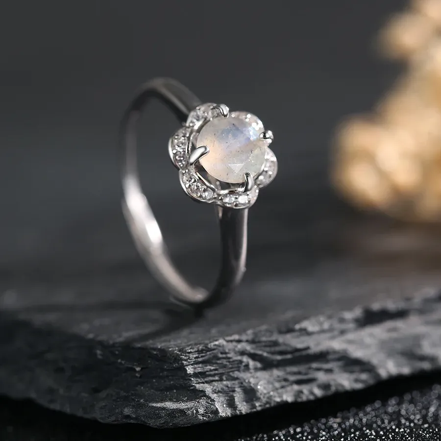 Authentic Natural Moonstone S925 Silver Ring Adjustable Open Band Handmade Floral Birthstone Boho Jewelry