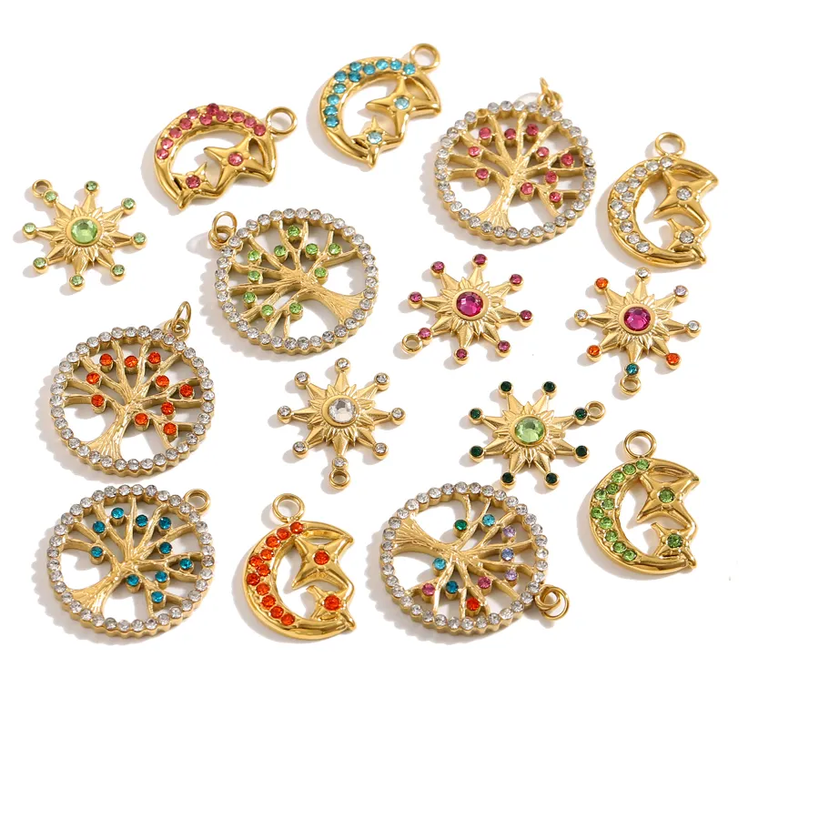 Authentic Waterproof Life Tree Octagonal Star Moon Colorful Zircon Gold Plated Charms Pendant for DIY Jewelry Components