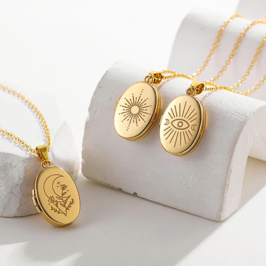 Authentic Vintage Moon Sun Evil Eyes Photo Frame Locket Necklace for Women Gold Color Round Oval Pendant Neckalces Jewelry