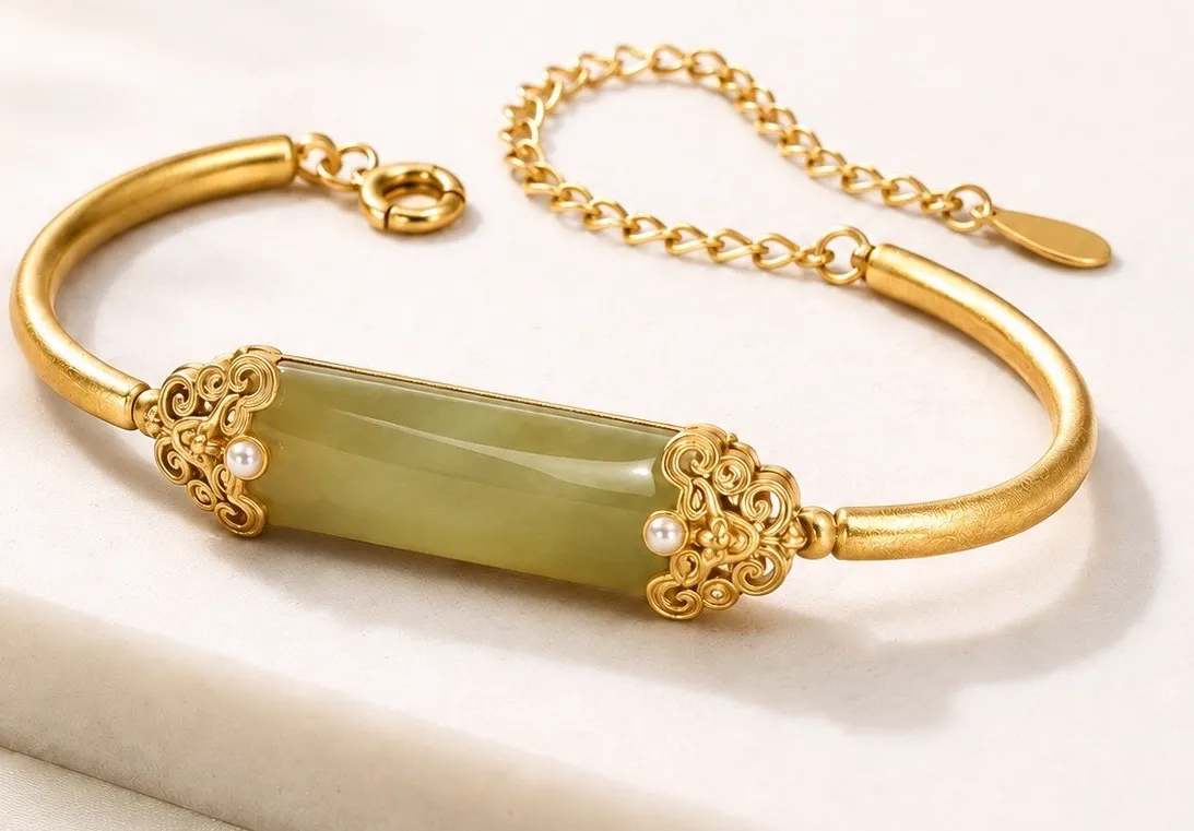 Authentic Green Jade Bangle Jade Charm Bracelet 18K Gold Plated Chain Dainty Gemstone