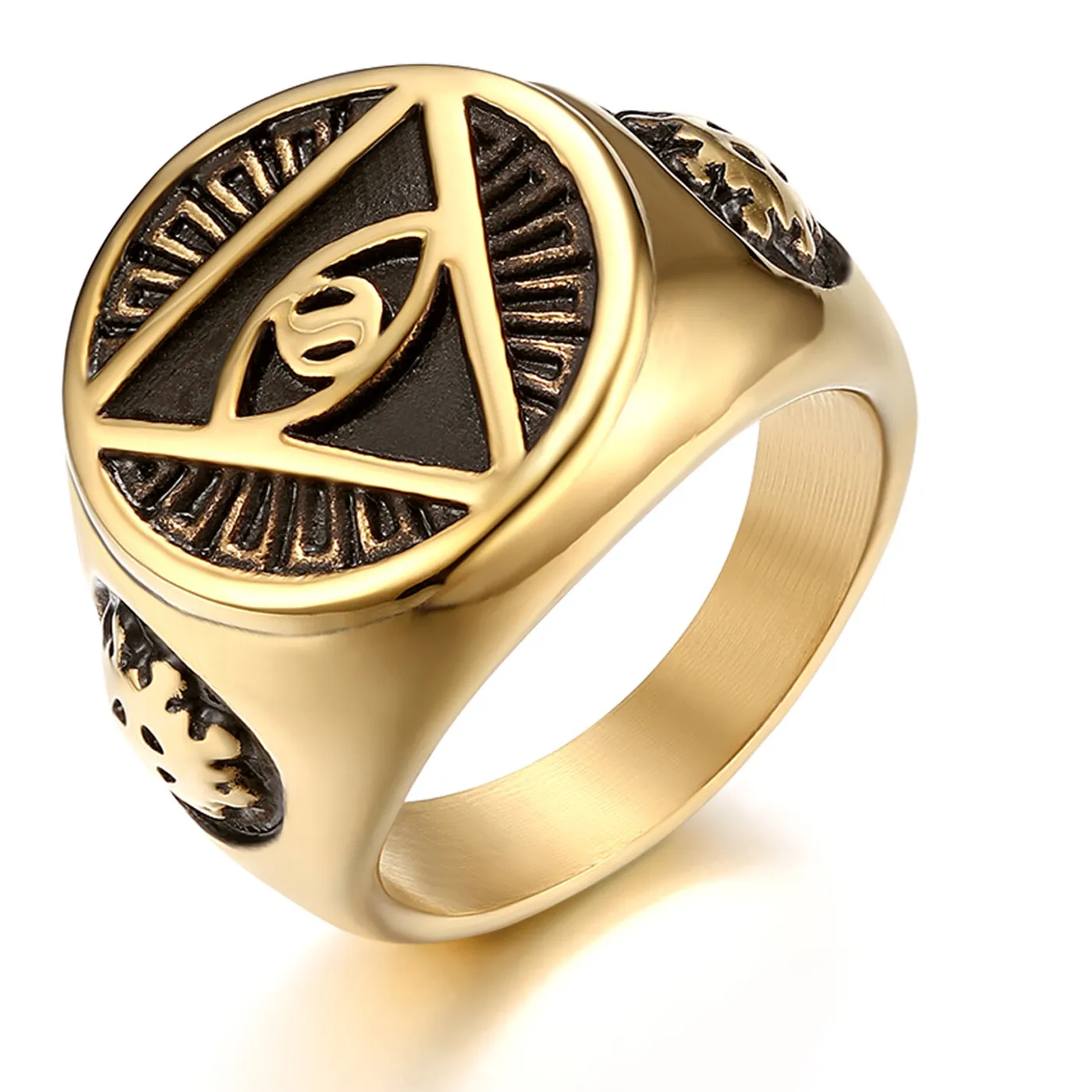 Authentic Men Gold Plated Illuminati All-Seeing-Eye Pyramid Band Ring 7-13