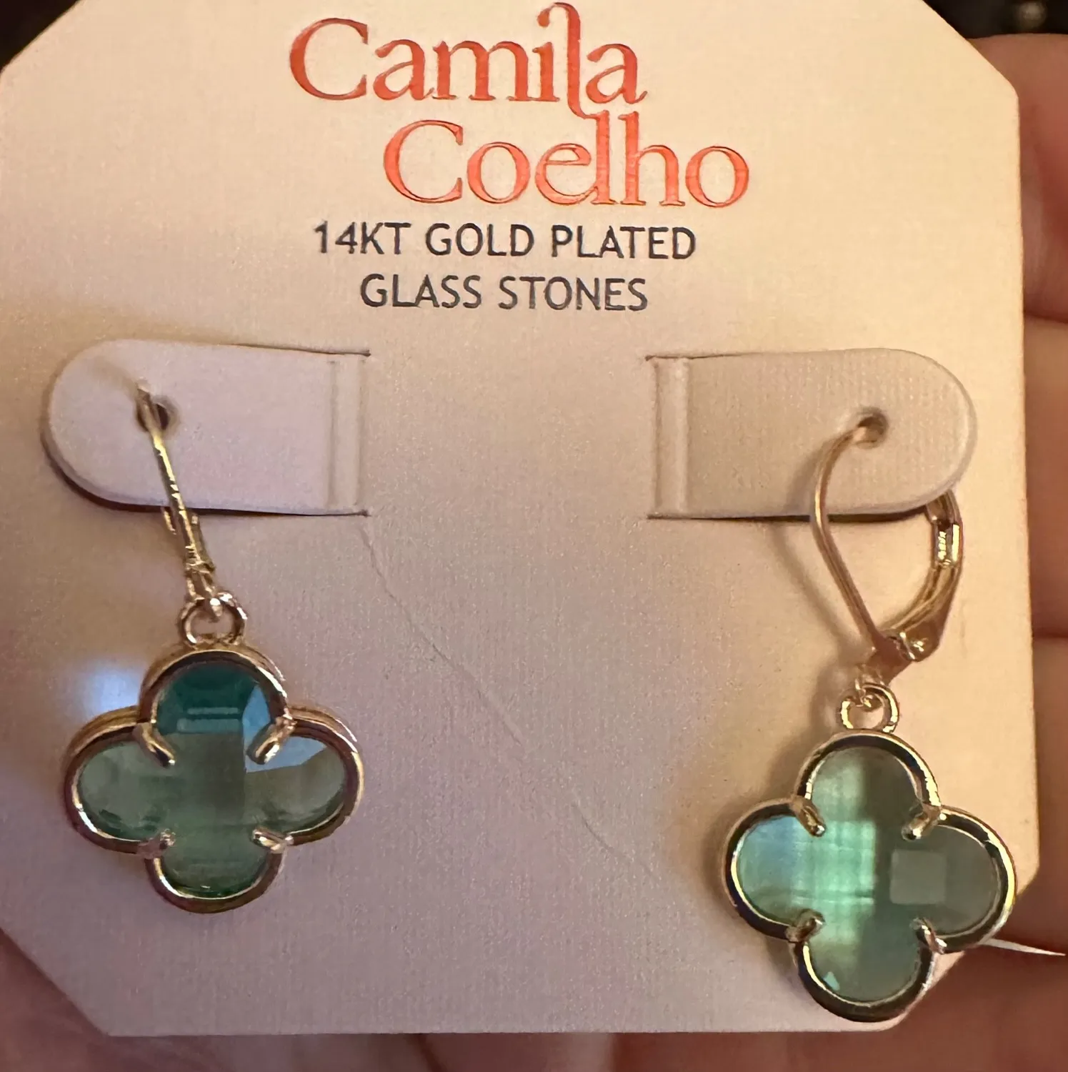 Authentic NWT Clover Shaped 14kt Gold Plated Green Glass Stones Earrings Camila Coelho