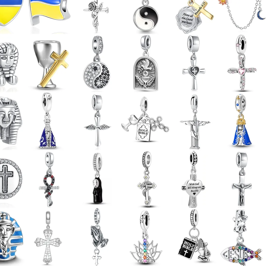 Authentic 925 Sterling Silver Charms Egypt Pharaoh Sphinx Jesus Fish Lotus Religious Pendant Women DIY Jewelry