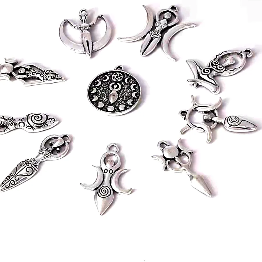 Authentic 5Pcs Triple Crescent Moon Goddess Pendant Pagan Jewelry Wiccan Witchy Charms Diy Yoga Nymph Accessories