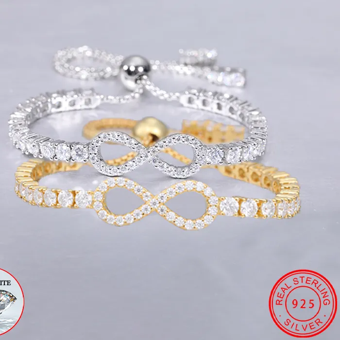 Authentic 3Mm Moissanite Gra Infinity Tennis Bracelet S925 Sterling Silver Adjustable Bracelets Jewelry