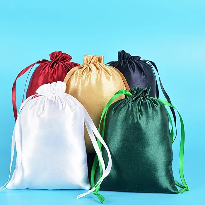 Authentic 50pcs 15*20, 19*29, 15*35cm Large Satin Silk Drawstring Bag Makeup Jewelry Children's Birthday & Wedding Gift Packaging Bags