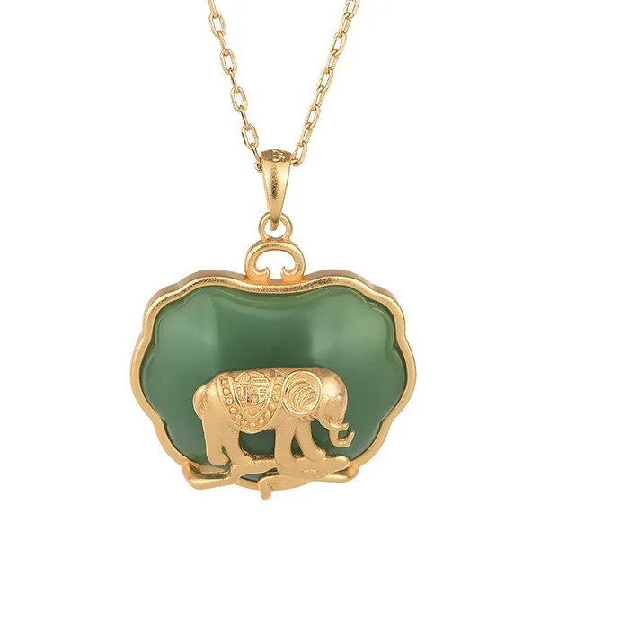 Authentic Jade Elephant Pendant Necklace Charm 18K Gold Plated Chain Retro Dainty Gemstone