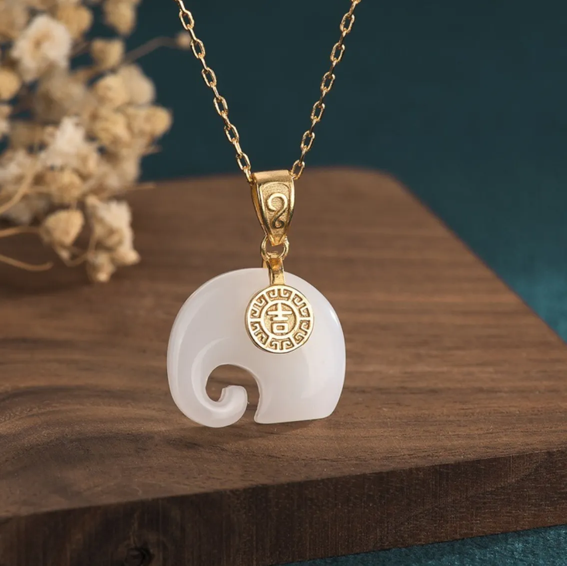 Authentic Jade Elephant Pendant Necklace Charm 18K Gold Plated Chain Retro Dainty Gemstone