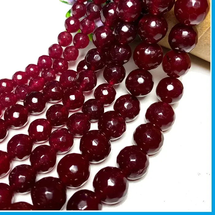 Authentic Natural Stone Beads Faceted Ruby Red Chalcedony Jades Round Loose Spacer Beads for Jewelry Making DIY Bracelet 4-12MM
