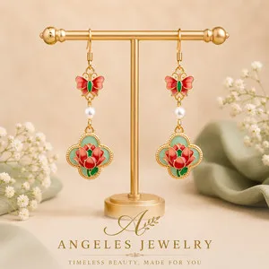 Authentic Jade Pearl Butterfly Flower Drop Dangle Earrings Boho 18K Gold Plated Hooks