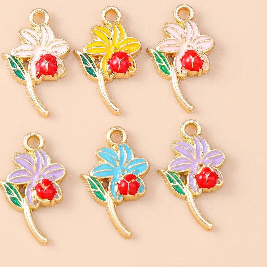 Authentic Enamelled Ladybug and Blossom Charms for Fortunate Creation