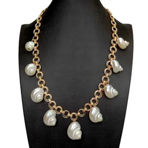 Authentic Natural White spiral sea shell Gold Plated Chain Charm Necklace 23"