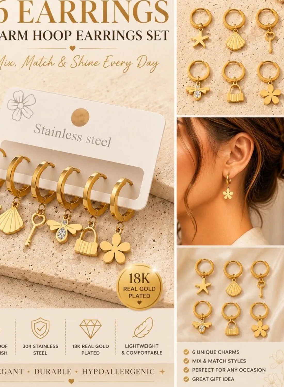 Authentic Tides of Destiny Ocean Charm Hoop Earrings - 18K Gold Plated Mystic Water Talisman