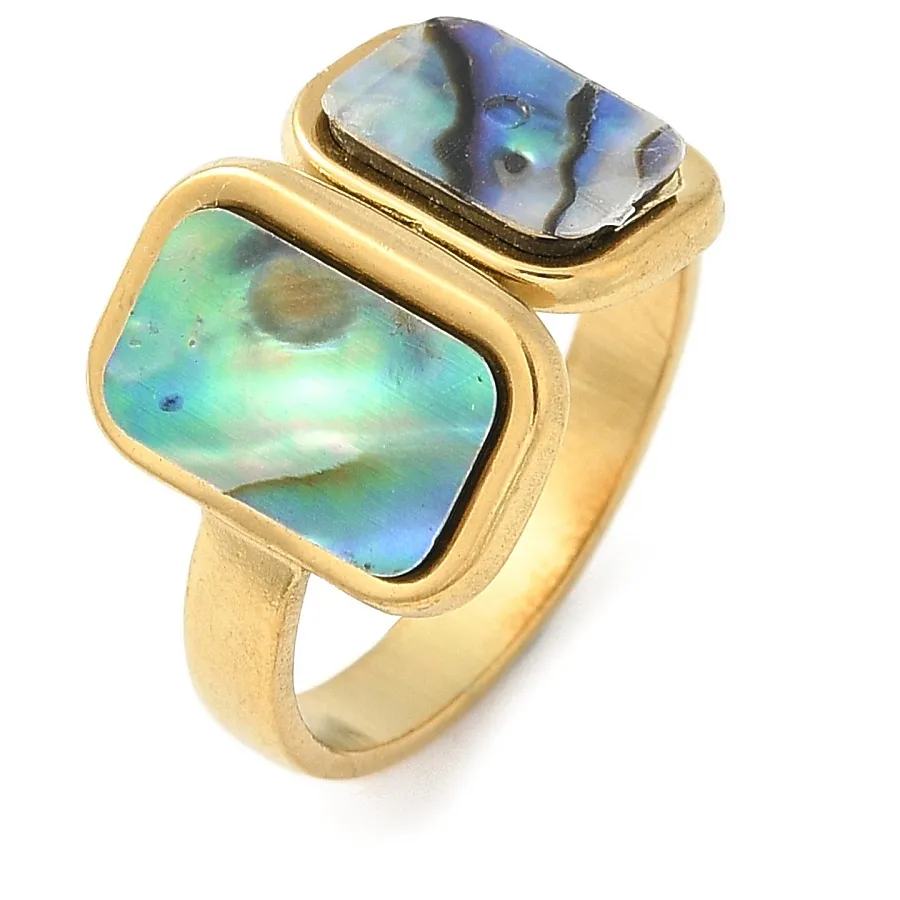 Authentic Cuff Ring Stainless Steel 18K Gold Plated Rectangle Shell Adjustable Silver R188