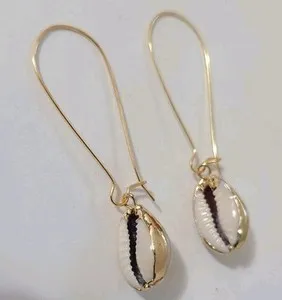 Authentic 14K GOLD PLATED DANGLE EARRING 1.6 INCHES LONG WITH COWRIE SHELL