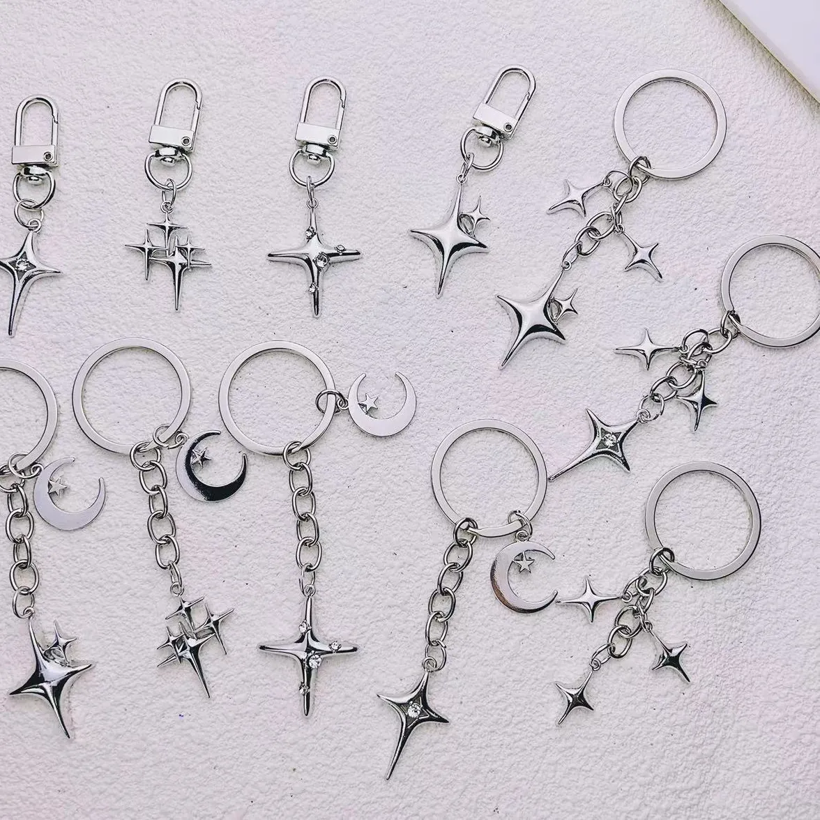 Authentic Colorful Crystal Heart Keychain Sliver Four- Pointed Star Moon Combination Pendant Keyring Bag Decortion Y2K Accessories Jewelry