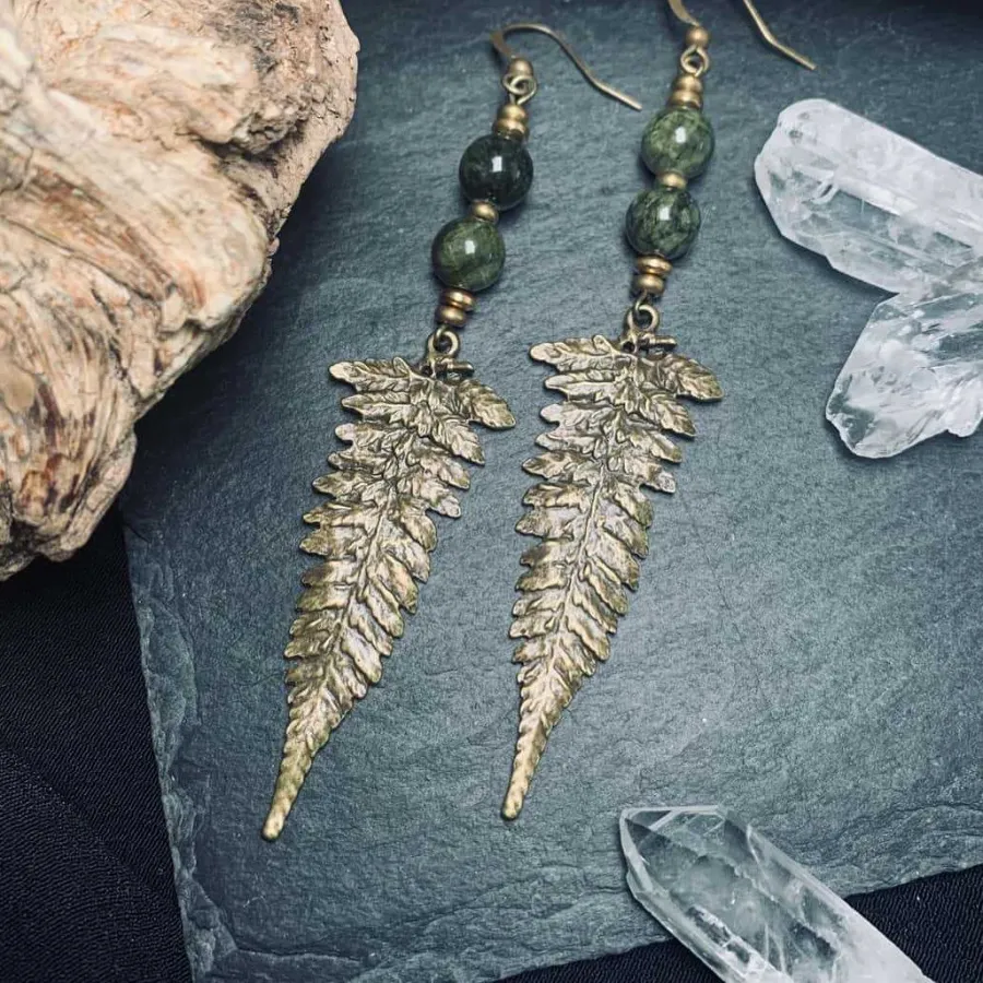 Authentic Fern Whisper: Green Stone Dangle Earrings of the Shamanic Forest