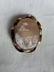 Authentic Antique Victorian Gold Plated Shell Cameo "Rebecca at the Well" Brooch Pin 2in!!