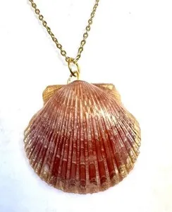 Authentic Gold Rimmed Scallop Shell Pendant Necklace Gold plated 22 Inch Chain