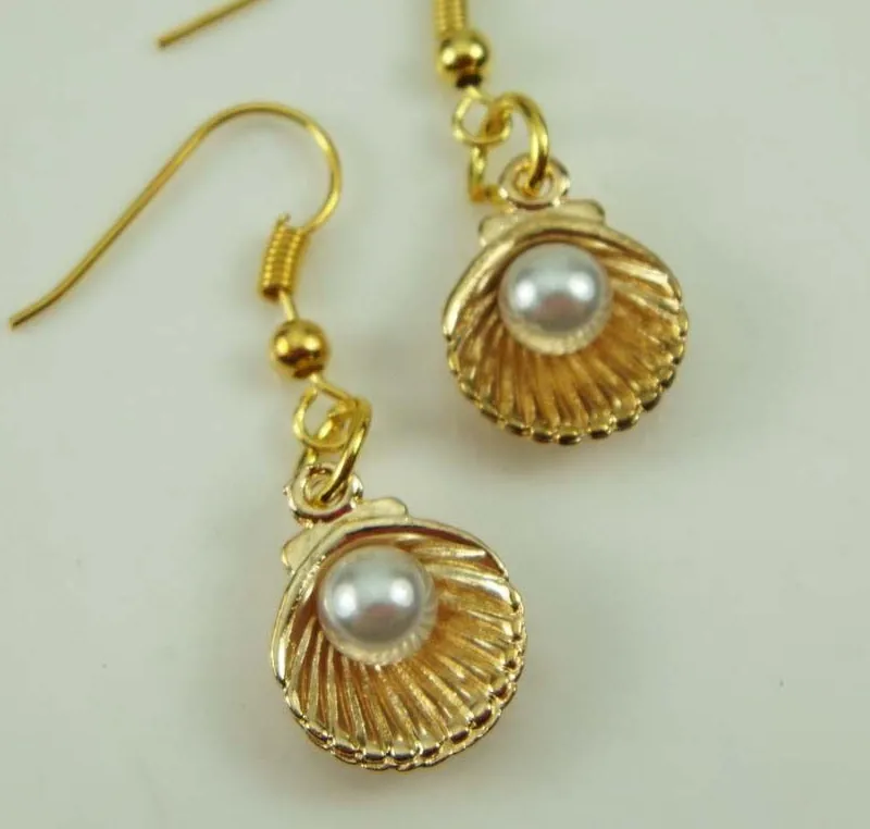 Authentic Whispers from the Ocean: Yellow Gold Plated Seashell & Pearl Earrings